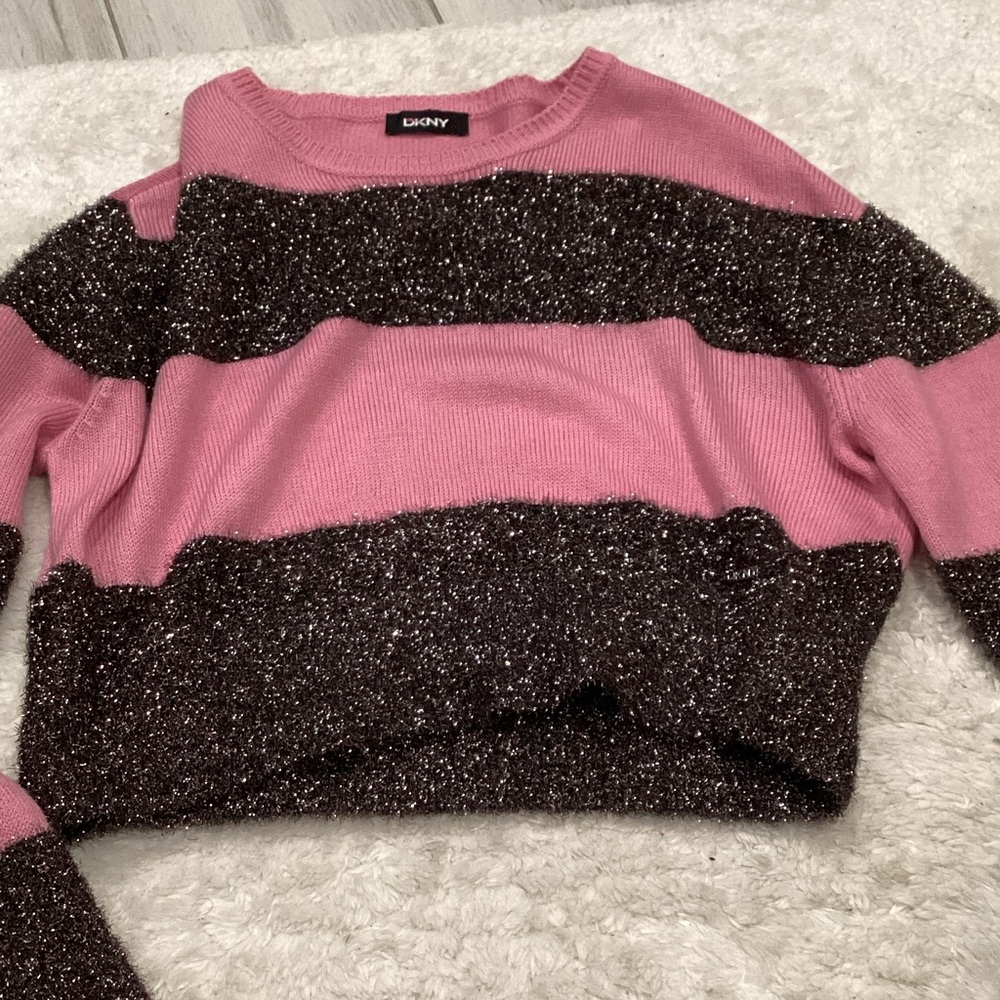 DKNY Women's Pink and Black Striped Sweater